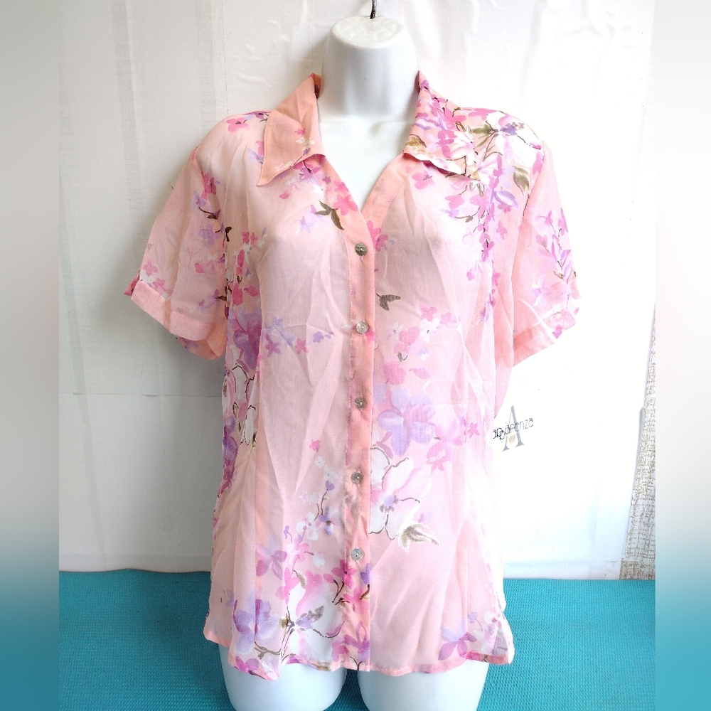 NWT Apparenza Womens Floral Button Down Short Sleeve Shirt Pink Size L